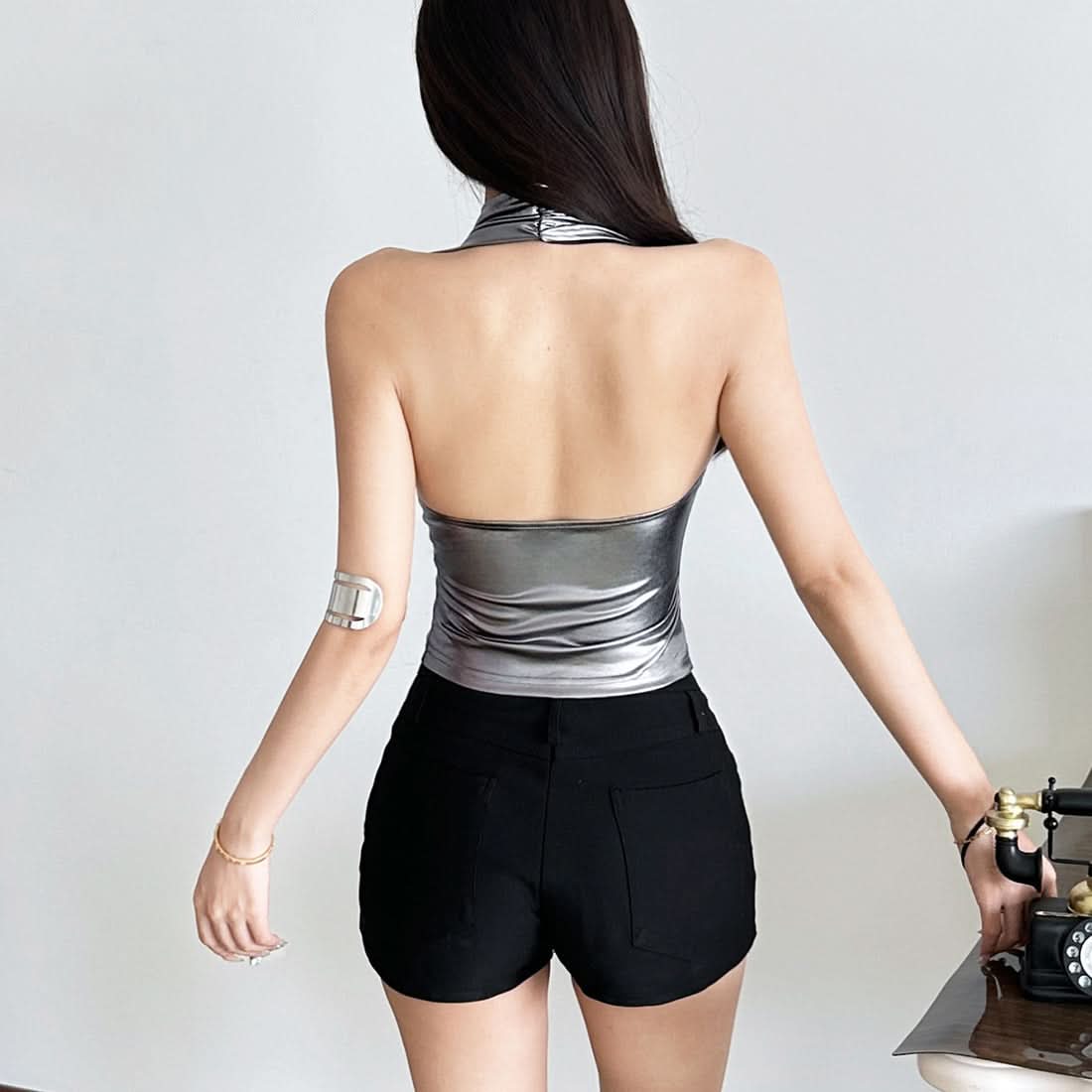 Sleek Metallic Halter Lace-Up Top - Edgy Y2K Style for Fall Parties & Night Outs