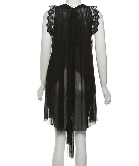Effortless Chic: Black Tiered Ruffle Tunic with Lace & Sheer Accents - Perfect for Fall & Holiday Parties