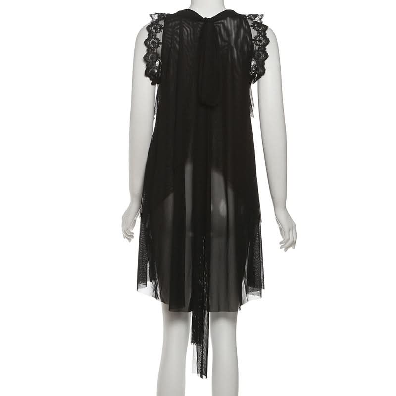 Effortless Chic: Black Tiered Ruffle Tunic with Lace & Sheer Accents - Perfect for Fall & Holiday Parties