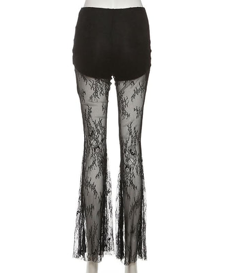 Allure & Elegance: Black High-Rise Sheer Lace Flare Pants - Your Go-To for Fall Evenings & Holiday Glam