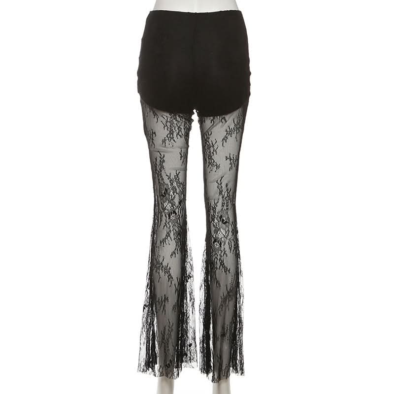 Allure & Elegance: Black High-Rise Sheer Lace Flare Pants - Your Go-To for Fall Evenings & Holiday Glam