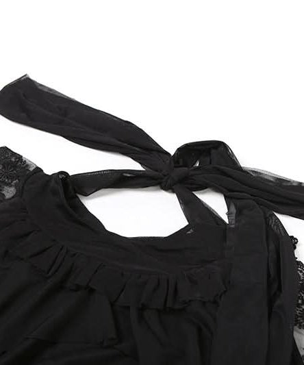 Effortless Chic: Black Tiered Ruffle Tunic with Lace & Sheer Accents - Perfect for Fall & Holiday Parties