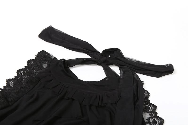 Effortless Chic: Black Tiered Ruffle Tunic with Lace & Sheer Accents - Perfect for Fall & Holiday Parties