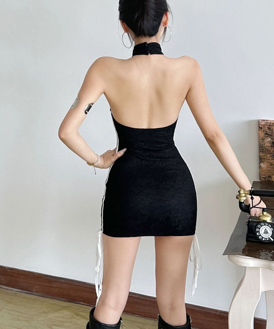 Siren Red Halter Bodycon Mini Dress with Lace Texture & Sporty Stripes - Your Bold Statement for Fall & Holiday Parties