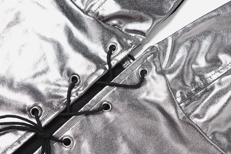 Sleek Metallic Halter Lace-Up Top - Edgy Y2K Style for Fall Parties & Night Outs