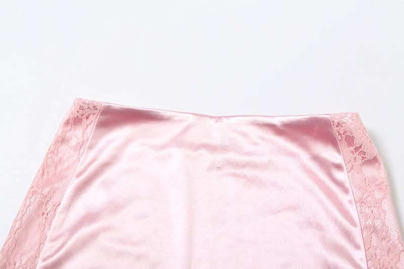 Glam Pink Satin & Lace Bustier Crop Top & Mini Skirt Set - Fall Party & Date Night Essential