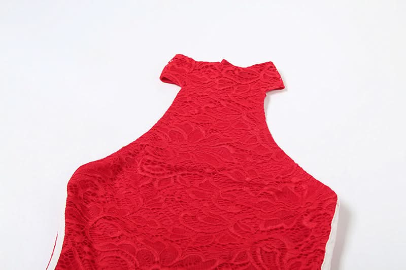 Siren Red Halter Bodycon Mini Dress with Lace Texture & Sporty Stripes - Your Bold Statement for Fall & Holiday Parties