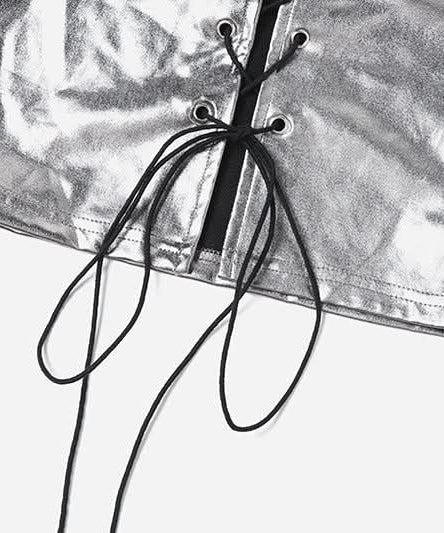 Sleek Metallic Halter Lace-Up Top - Edgy Y2K Style for Fall Parties & Night Outs