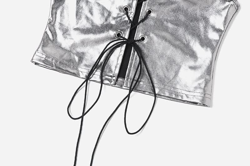Sleek Metallic Halter Lace-Up Top - Edgy Y2K Style for Fall Parties & Night Outs