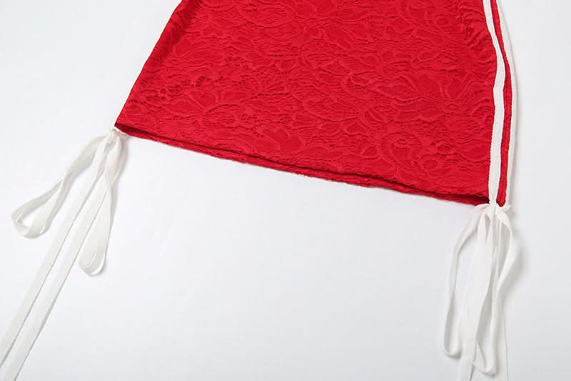 Siren Red Halter Bodycon Mini Dress with Lace Texture & Sporty Stripes - Your Bold Statement for Fall & Holiday Parties