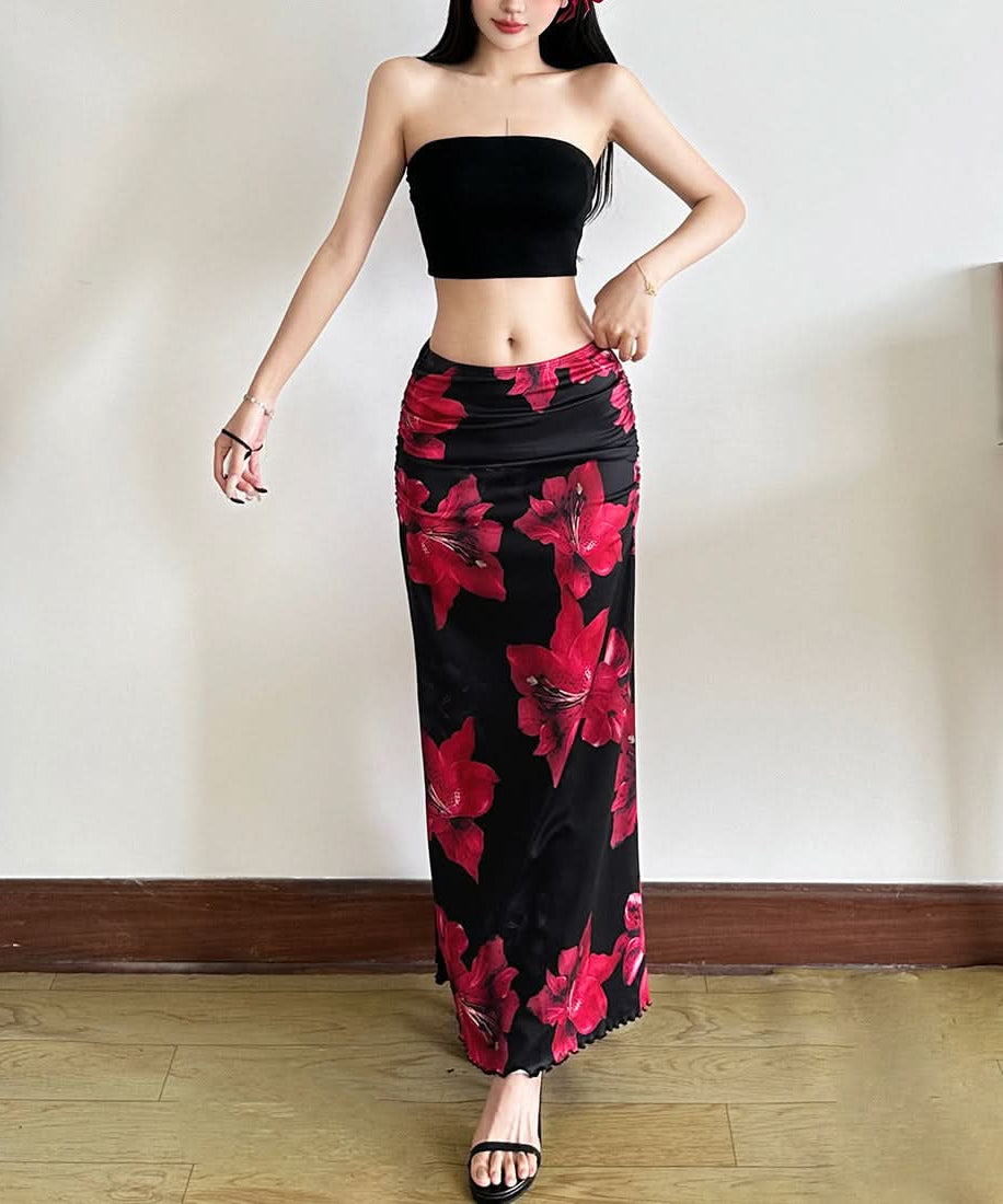 Striking Red Floral Ruched Maxi Skirt Set - Effortless Two-Piece Chic for Fall & Resort