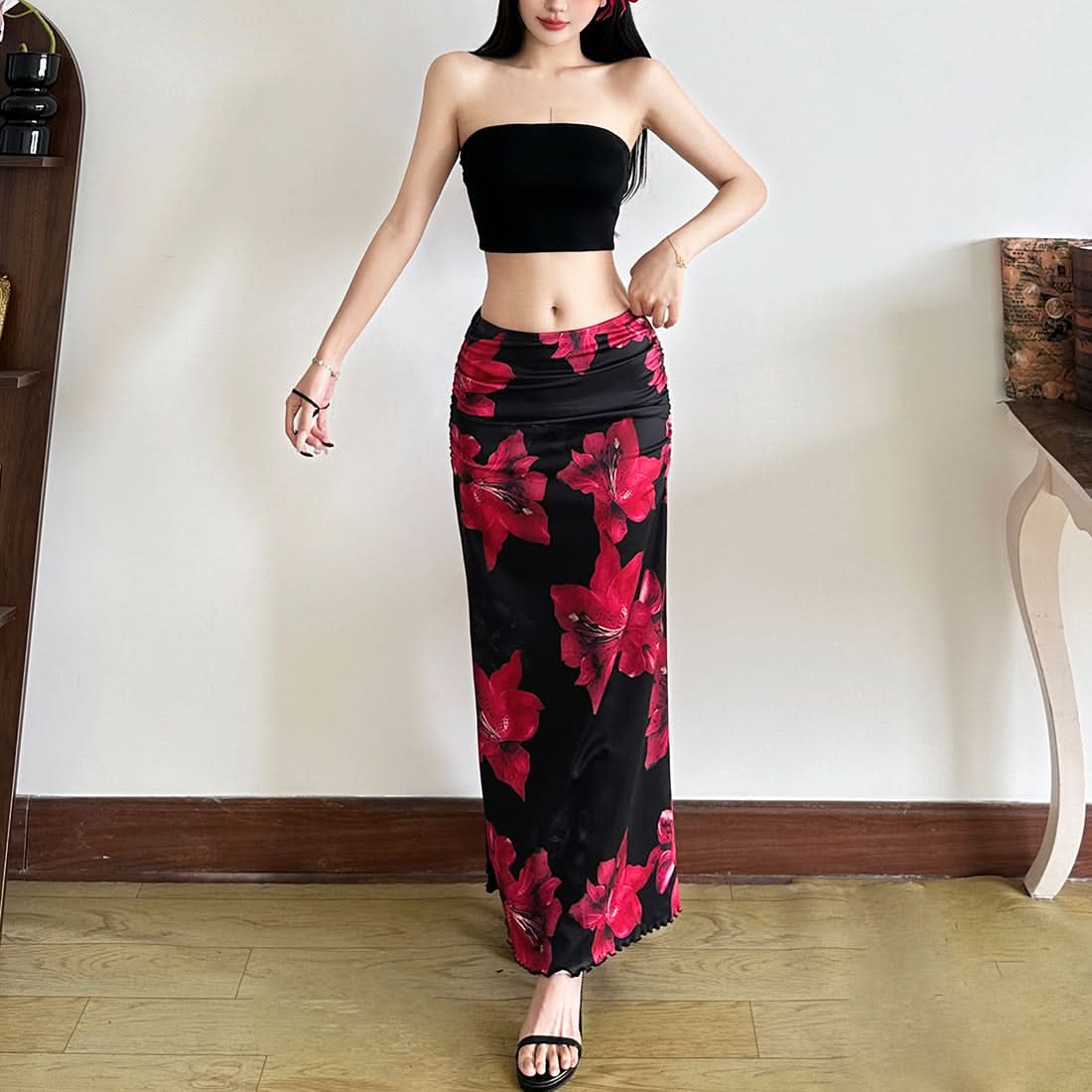 Striking Red Floral Ruched Maxi Skirt Set - Effortless Two-Piece Chic for Fall & Resort