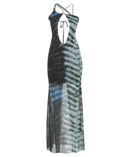Sultry Escape: Abstract Zebra Mesh Cutout Maxi Dress - Self-Tie Halter