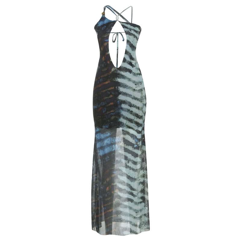 Sultry Escape: Abstract Zebra Mesh Cutout Maxi Dress - Self-Tie Halter