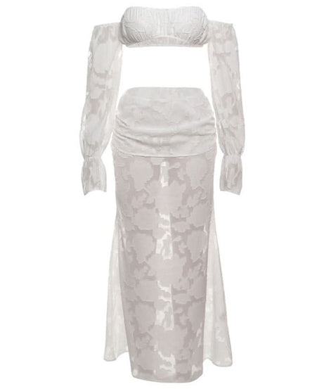 Elegant White Floral Off-Shoulder Crop Top & Maxi Skirt Set - Fall & Holiday Chic