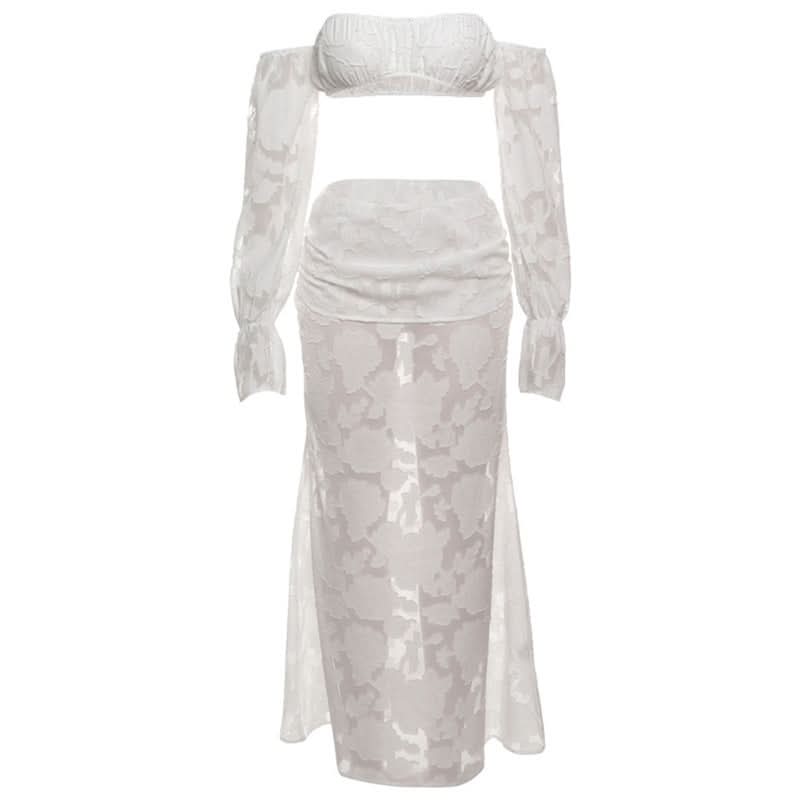 Elegant White Floral Off-Shoulder Crop Top & Maxi Skirt Set - Fall & Holiday Chic
