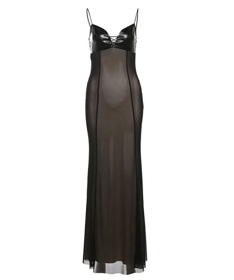 Fierce Faux Leather & Sheer Mesh Maxi Dress - Fall Party Glam