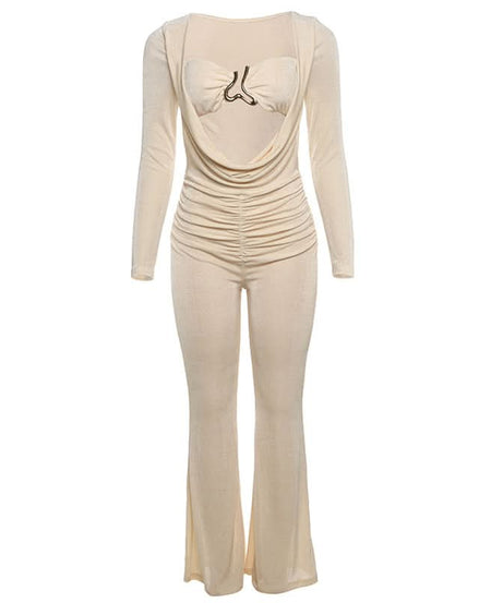 Fall & Holiday Glam: Chic Ruched Long Sleeve Jumpsuit with Statement Cutout & Flare