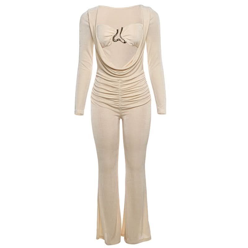 Fall & Holiday Glam: Chic Ruched Long Sleeve Jumpsuit with Statement Cutout & Flare