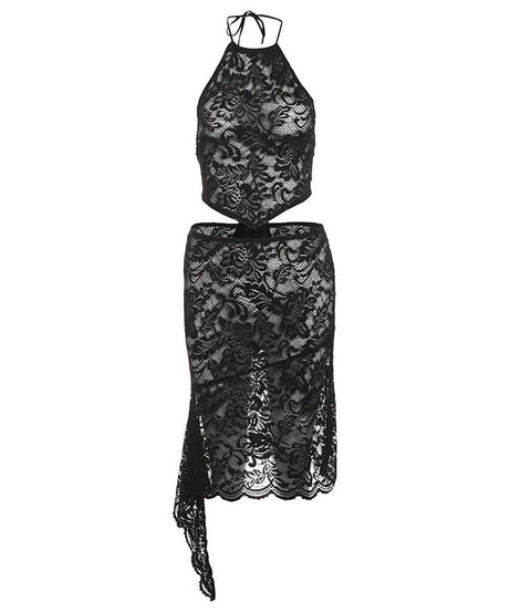 Sultry Black Lace Cutout Halter & High-Slit Midi Set - Your Halloween & Night Out Statement