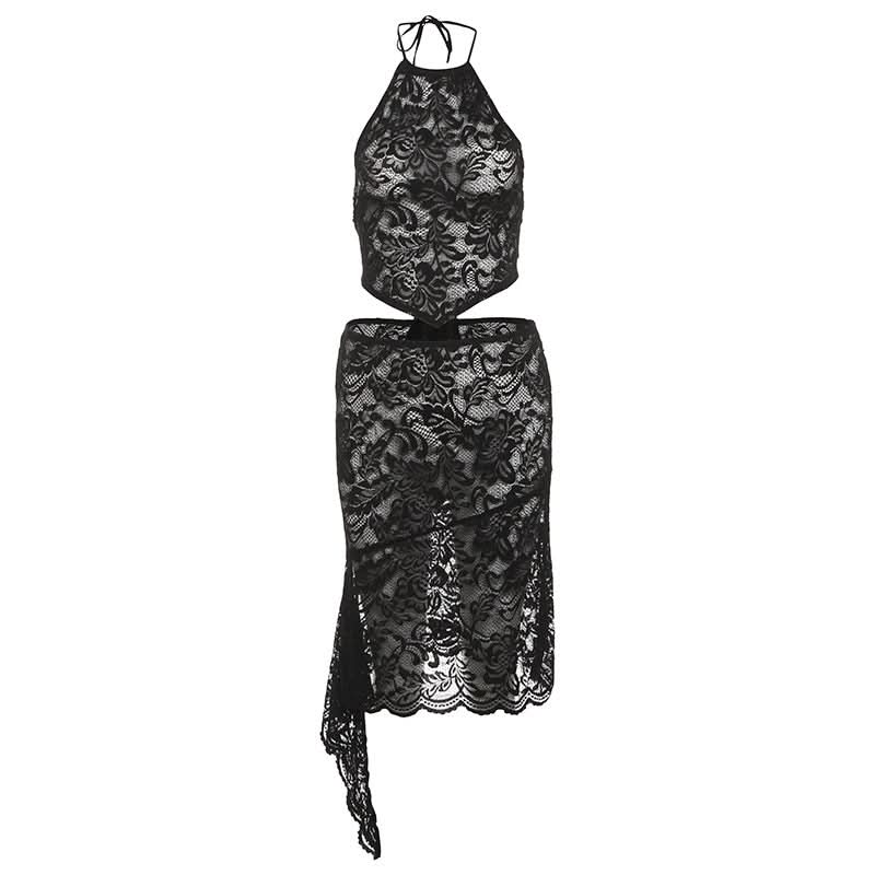 Sultry Black Lace Cutout Halter & High-Slit Midi Set - Your Halloween & Night Out Statement