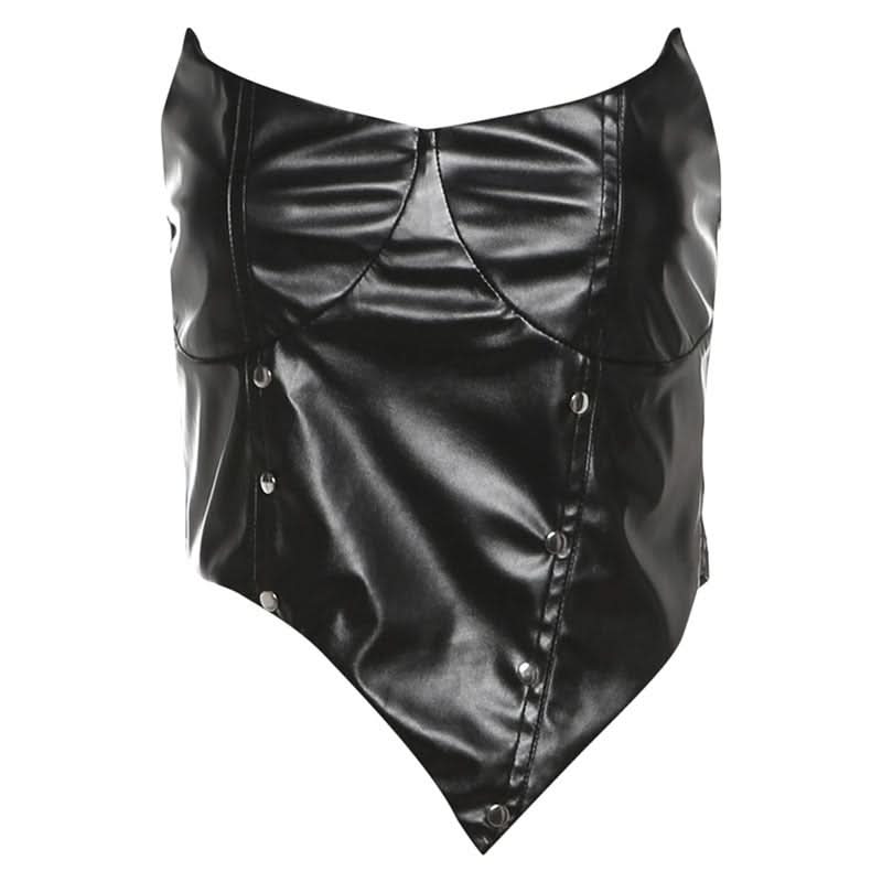 Sultry Black Faux Leather Corset Top | Edgy Strapless Bustier for Halloween & Fall Parties