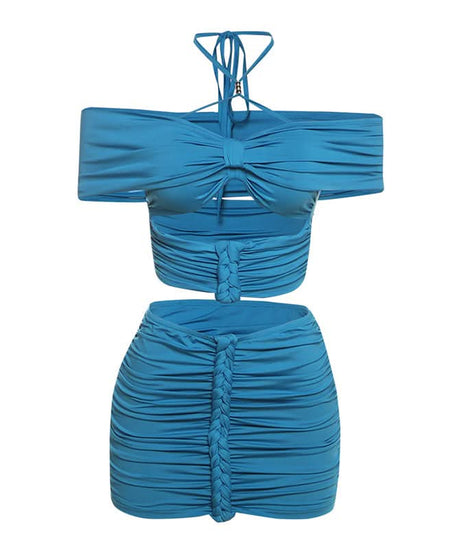 Electric Blue Ruched Halter Off-Shoulder Mini Skirt Set | Fall Party & Night Out Co-ord