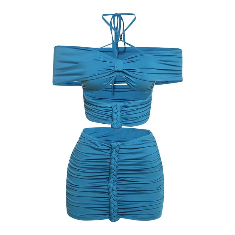 Electric Blue Ruched Halter Off-Shoulder Mini Skirt Set | Fall Party & Night Out Co-ord