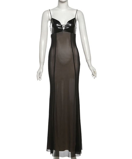 Fierce Faux Leather & Sheer Mesh Maxi Dress - Fall Party Glam