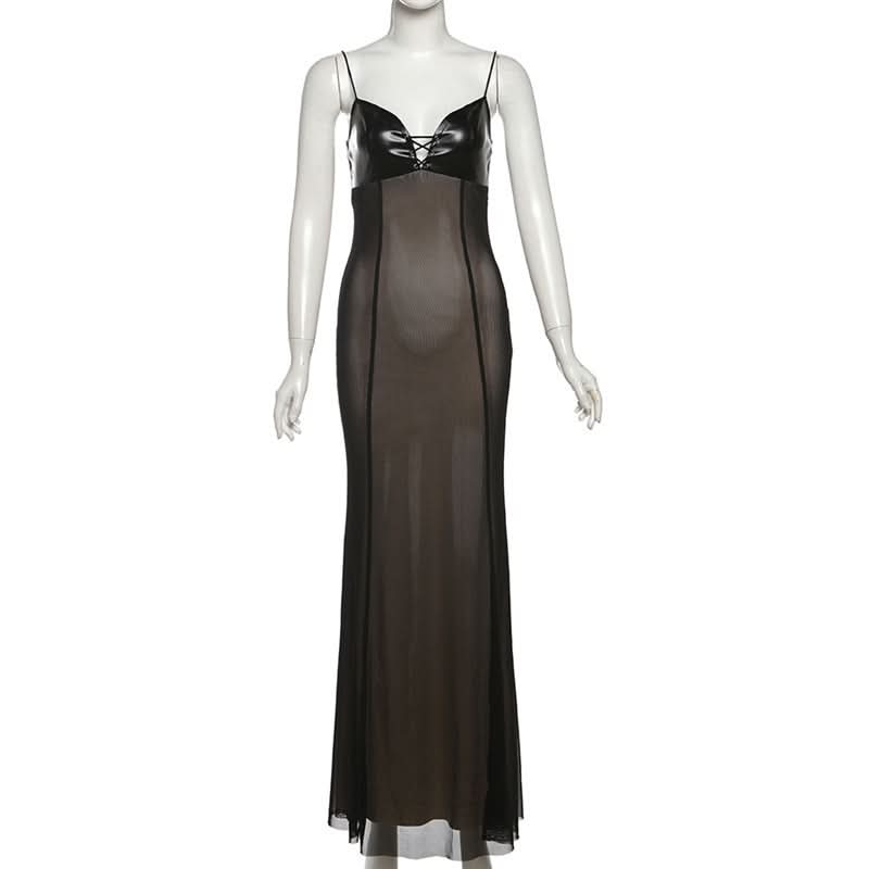 Fierce Faux Leather & Sheer Mesh Maxi Dress - Fall Party Glam