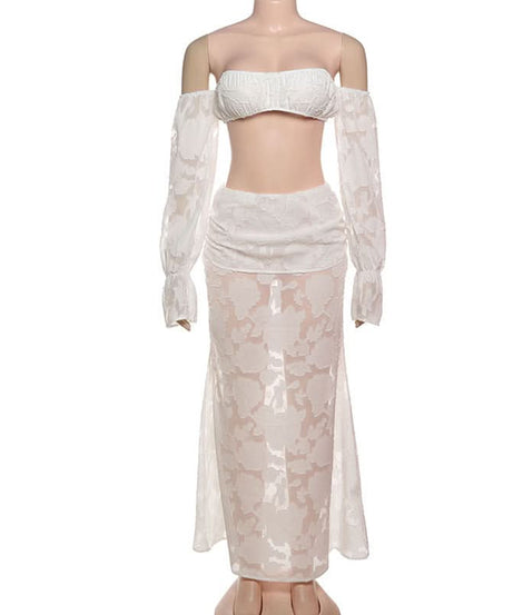 Elegant White Floral Off-Shoulder Crop Top & Maxi Skirt Set - Fall & Holiday Chic