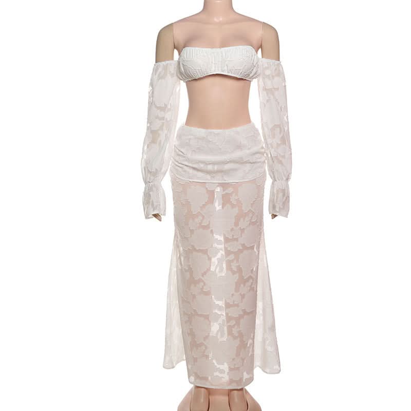 Elegant White Floral Off-Shoulder Crop Top & Maxi Skirt Set - Fall & Holiday Chic