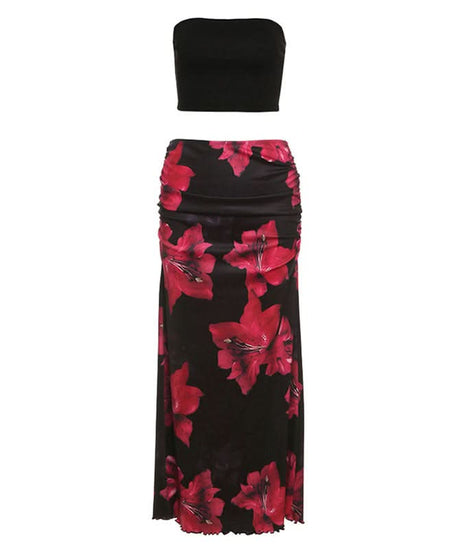 Striking Red Floral Ruched Maxi Skirt Set - Effortless Two-Piece Chic for Fall & Resort