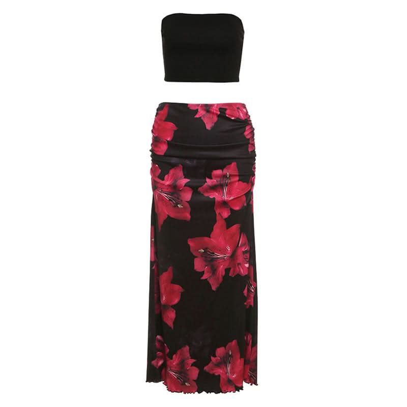 Striking Red Floral Ruched Maxi Skirt Set - Effortless Two-Piece Chic for Fall & Resort