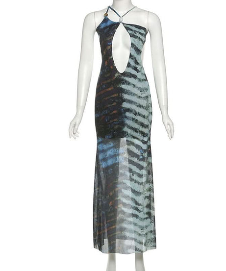 Sultry Escape: Abstract Zebra Mesh Cutout Maxi Dress - Self-Tie Halter