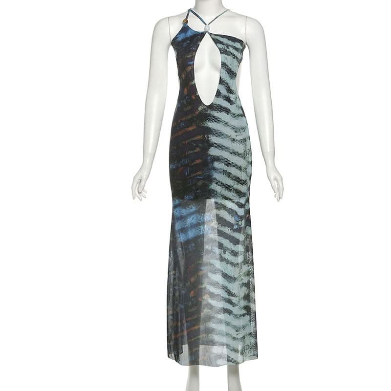 Sultry Escape: Abstract Zebra Mesh Cutout Maxi Dress - Self-Tie Halter