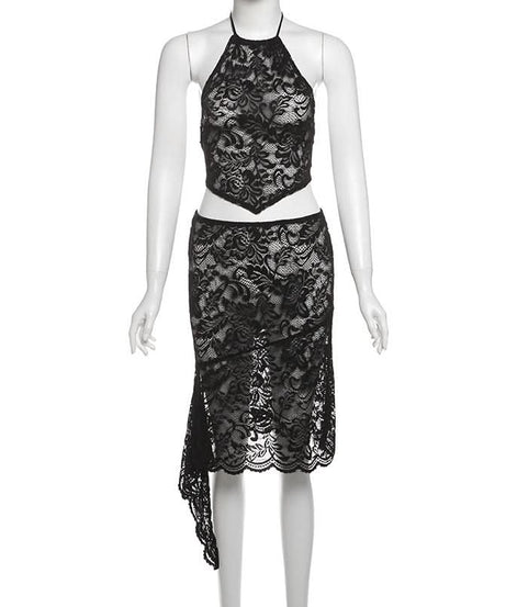 Sultry Black Lace Cutout Halter & High-Slit Midi Set - Your Halloween & Night Out Statement