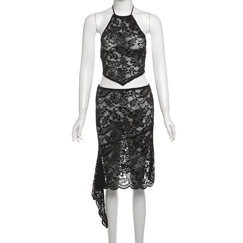 Sultry Black Lace Cutout Halter & High-Slit Midi Set - Your Halloween & Night Out Statement
