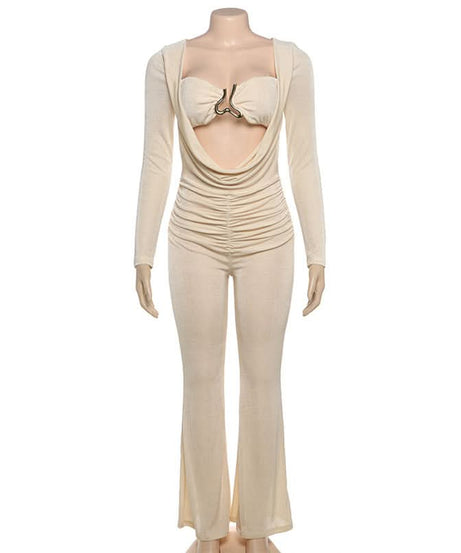 Fall & Holiday Glam: Chic Ruched Long Sleeve Jumpsuit with Statement Cutout & Flare