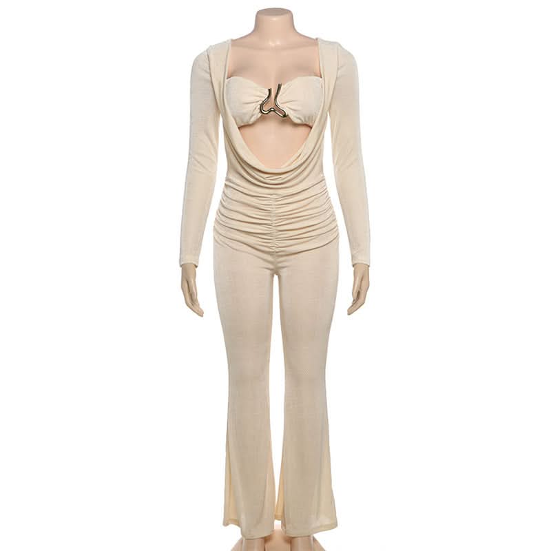 Fall & Holiday Glam: Chic Ruched Long Sleeve Jumpsuit with Statement Cutout & Flare