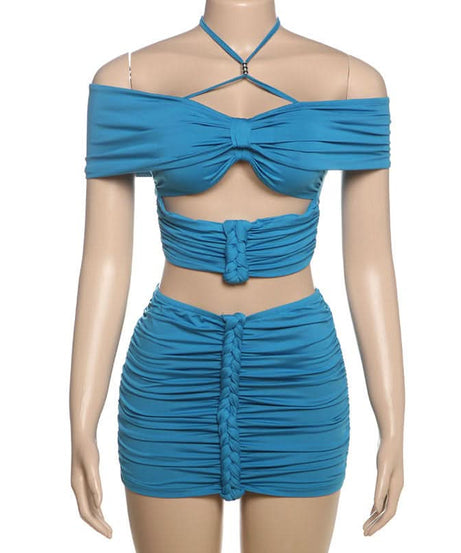 Electric Blue Ruched Halter Off-Shoulder Mini Skirt Set | Fall Party & Night Out Co-ord