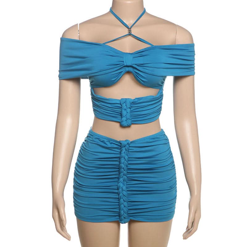 Electric Blue Ruched Halter Off-Shoulder Mini Skirt Set | Fall Party & Night Out Co-ord