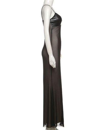 Fierce Faux Leather & Sheer Mesh Maxi Dress - Fall Party Glam