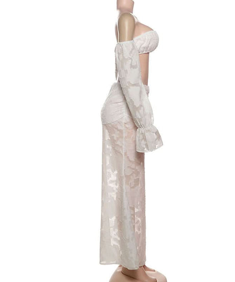 Elegant White Floral Off-Shoulder Crop Top & Maxi Skirt Set - Fall & Holiday Chic