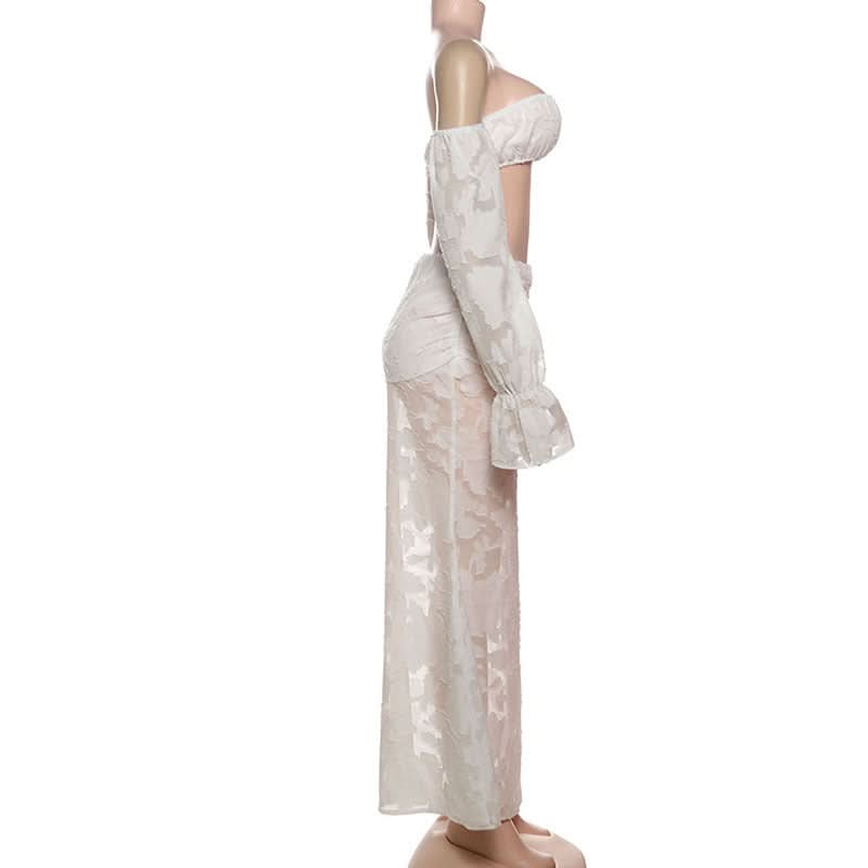 Elegant White Floral Off-Shoulder Crop Top & Maxi Skirt Set - Fall & Holiday Chic