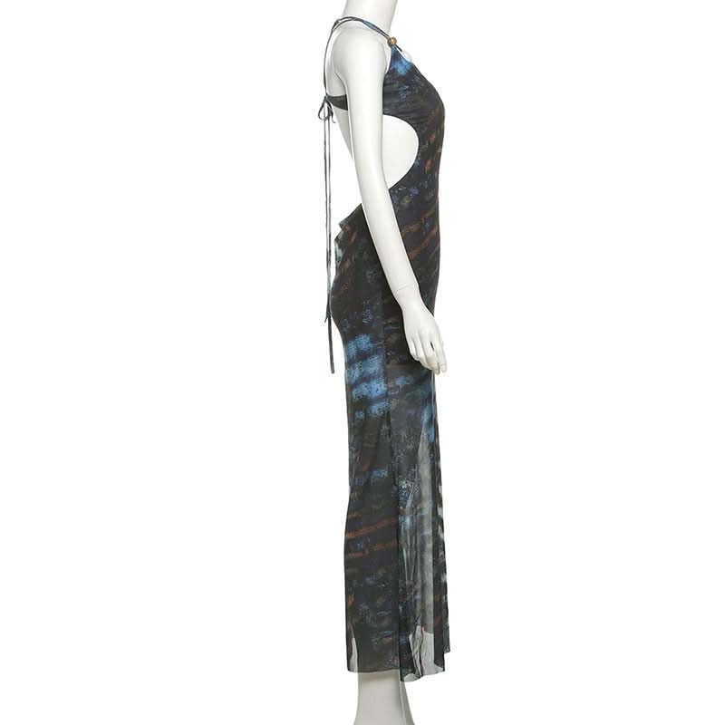 Sultry Escape: Abstract Zebra Mesh Cutout Maxi Dress - Self-Tie Halter