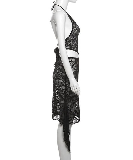 Sultry Black Lace Cutout Halter & High-Slit Midi Set - Your Halloween & Night Out Statement