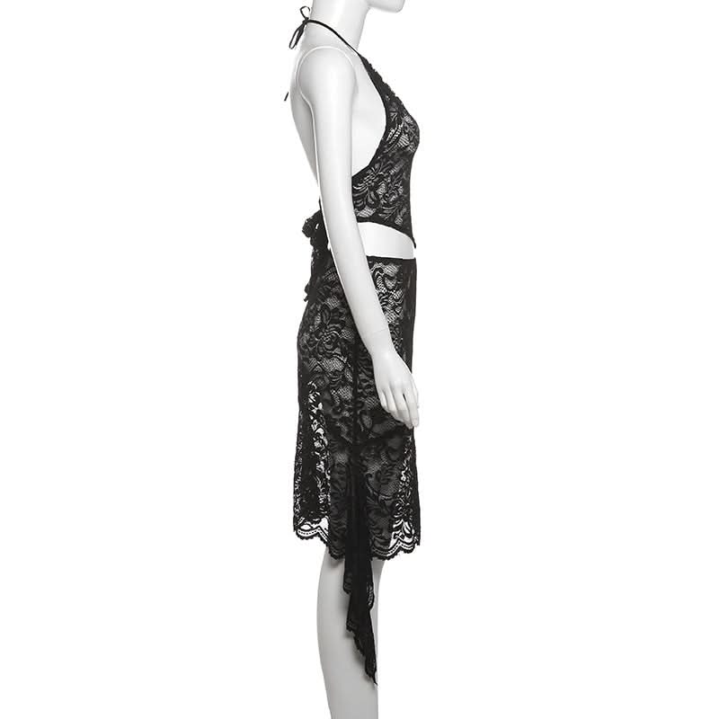 Sultry Black Lace Cutout Halter & High-Slit Midi Set - Your Halloween & Night Out Statement