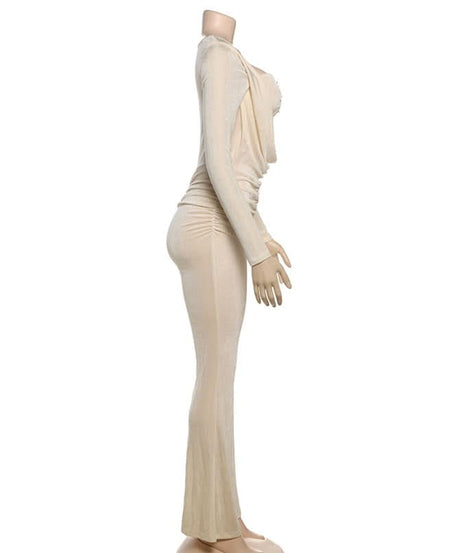 Fall & Holiday Glam: Chic Ruched Long Sleeve Jumpsuit with Statement Cutout & Flare