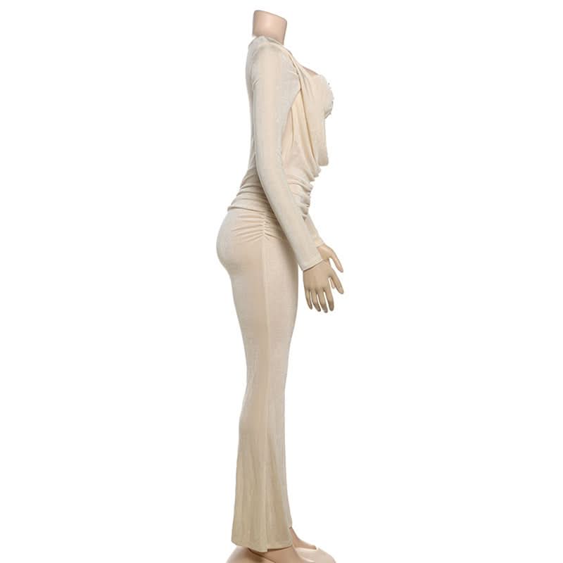 Fall & Holiday Glam: Chic Ruched Long Sleeve Jumpsuit with Statement Cutout & Flare